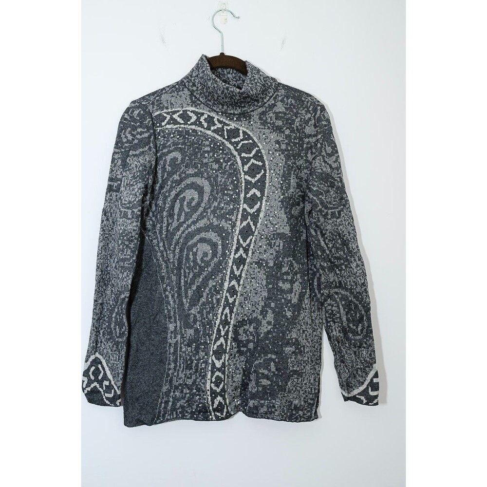 Chico's Sweater 1 M Mock Neck Gray long Office Casual Abstract Artsy Art to wear